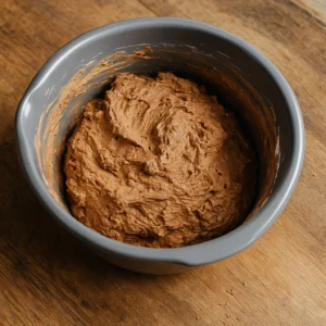 Siva posuda s umiješanom Nutella kremom na drvenoj kuhinjskoj ploči, prikazan gusti čokoladni sloj prije slaganja torte.