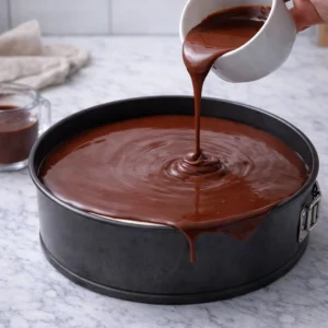 Topljena mliječna čokolada sa slatkim vrhnjem prelijeva se preko kreme u kalupu za cheesecake.