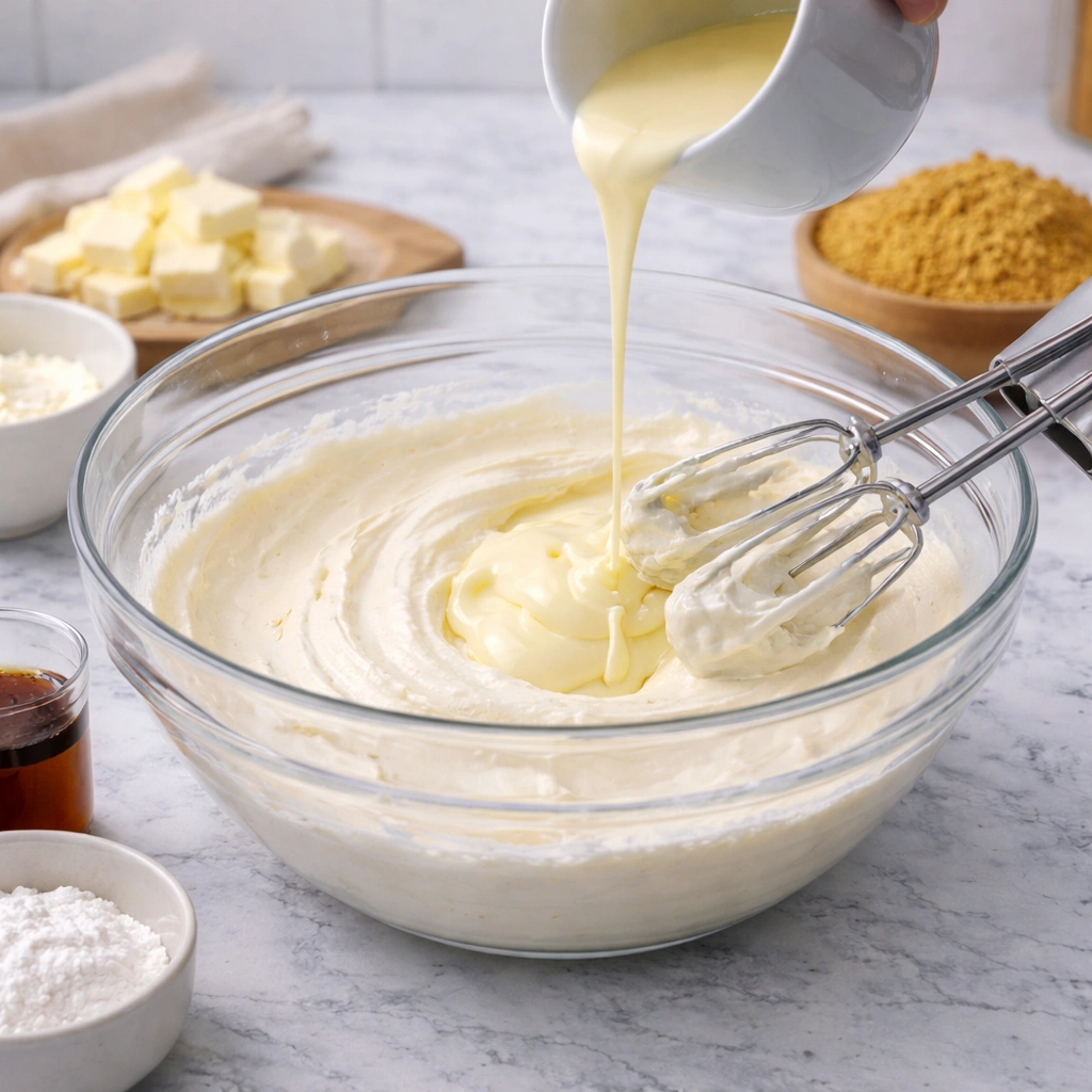 Miješanje mascarpone kreme sa slatkim vrhnjem i otopljenom bijelom čokoladom u staklenoj posudi.