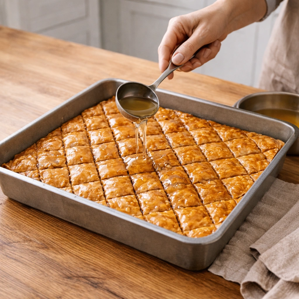 prelijevanje domaće baklave agdom nakon pečenja u tepsiji