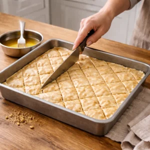 Rezanje domaće baklave u tepsiji prije pečenja na dijamantne komade