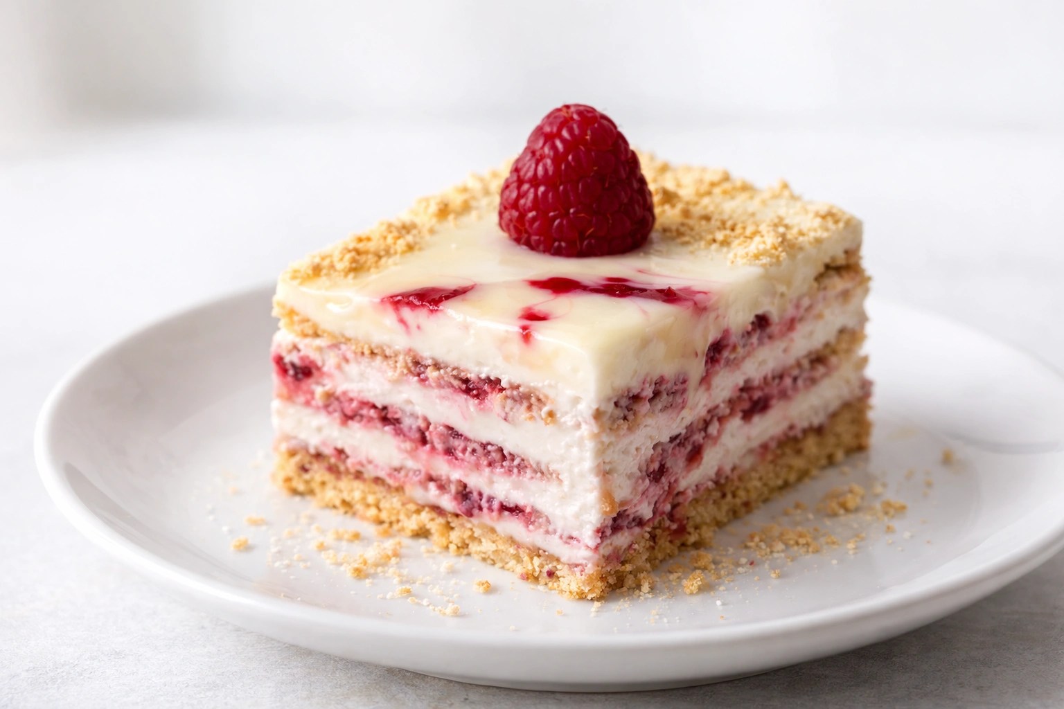 Cheesecake s malinama u krupnom kadru s vidljivim slojevima kreme i voćnog punjenja