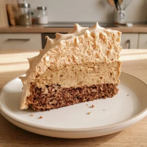 Kriška bomba torte s kremastim slojem od kafe i čokoladnim biskvitom na bijelom tanjiru