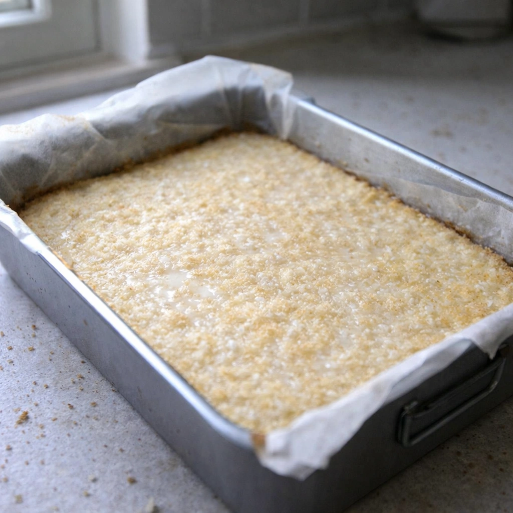 Pečeni kokosov biskvit u plehu, lagano natopljen mlijekom, pripremljen kao podloga za raffaello kocke s malinama.
