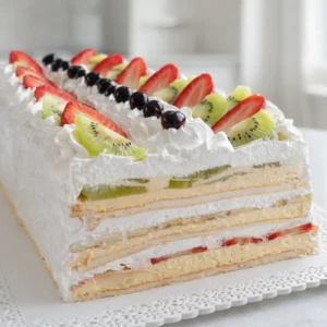 Ledeni vjetar torta sa slojevima kreme, puslica i svježeg voća na bijeloj podlozi u modernoj kuhinji