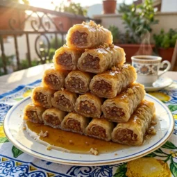 Domaća baklava s plazma keksom u rolnicama, posložena u piramidu na bijelom tanjuru