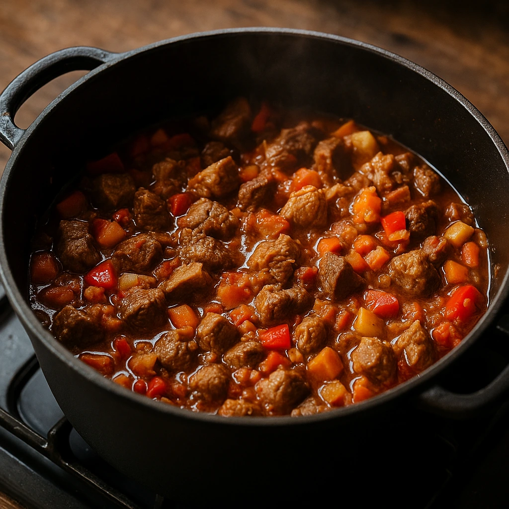 Slavonski čobanac u pripremi – komadi mesa, mrkva i paprika pirjaju se u velikom loncu na štednjaku