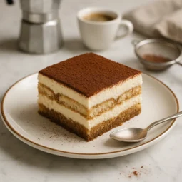 Tiramisu bez pečenja poslužen u staklenoj posudi sa slojevima piškota, kreme i kakaa