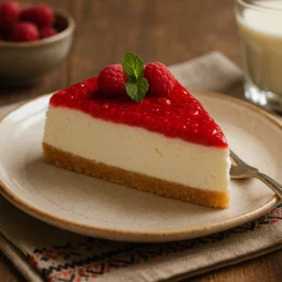 Cheesecake bez pečenja sa preljevom od malina na rustikalnom tanjiru