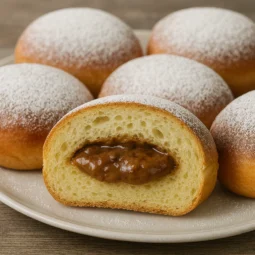 Pečena fit krafna prerezana napola s vidljivim kremastim punjenjem od banane i čokolade.
