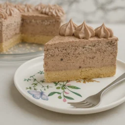 Komad lagane kremaste torte s plazmom poslužen na ukrasnom tanjiru, s vidljivim slojevima biskvitne podloge i čokoladnog fila