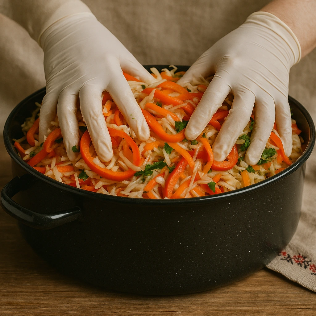Povrće, začini i biber pripremljeni u crnoj posudi za domaću šarenu salatu – recept za zimnicu.