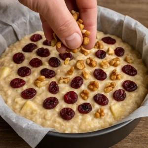 Ruka posipa sjeckane orahe preko smjese za kruh od zobenih pahuljica i banana u kalupu.