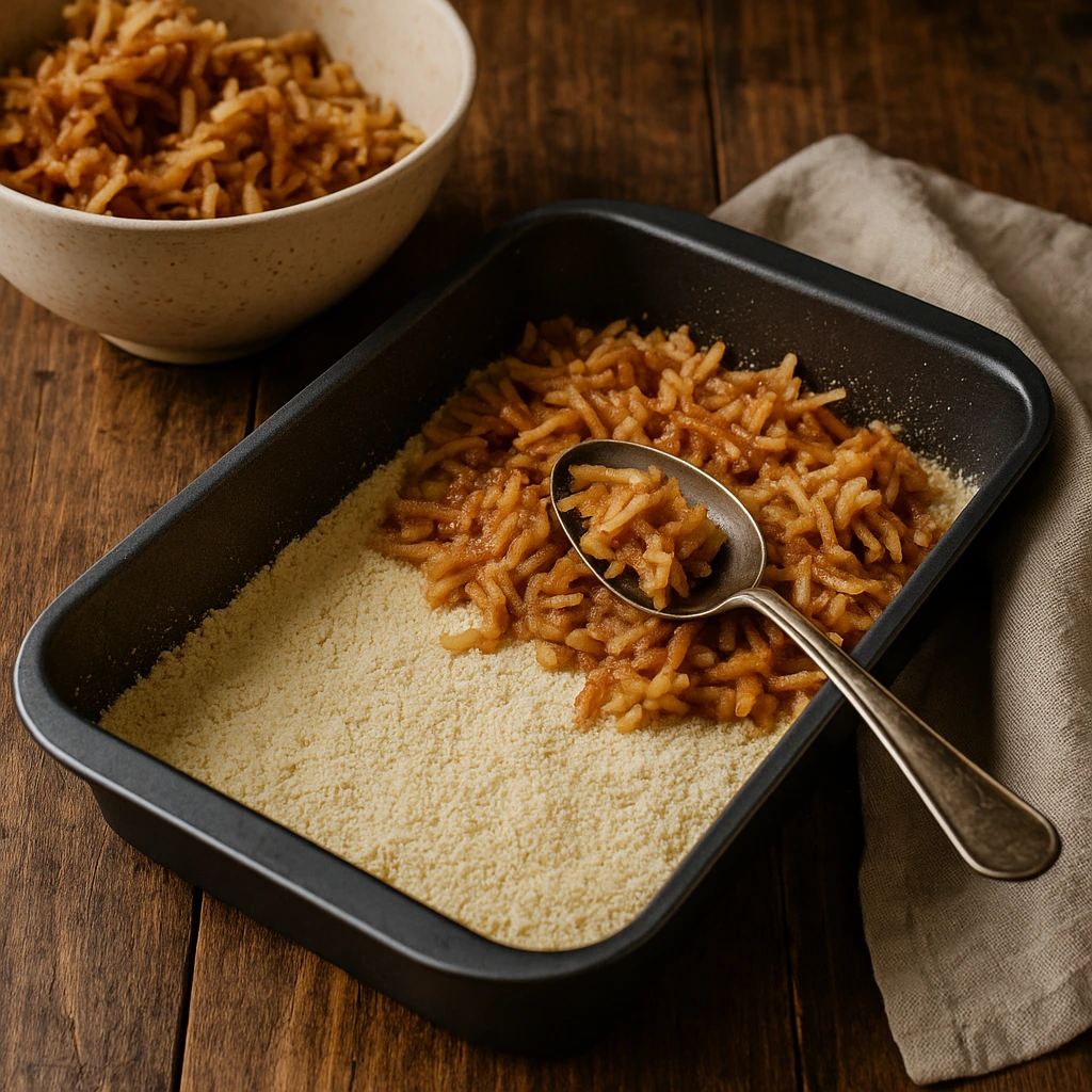 Priprema kolača s jabukama i grizom – u plehu sloj suhe smjese od griza i brašna, preko kojeg se stavlja sloj ribanih jabuka s cimetom, tradicionalni starinski recept