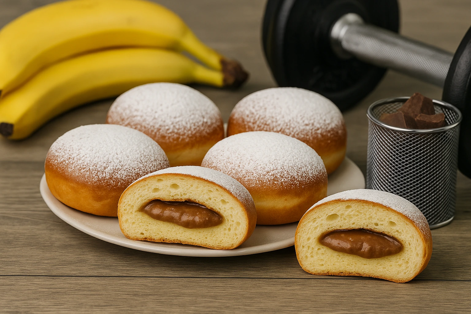 Fit krafne na tanjiru, jedna prerezana s punjenjem od banane i čokolade, uz bananu i teg u pozadini u fitnes ambijentu.