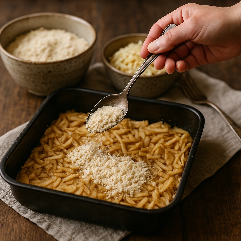 Priprema sipane pite od jabuka – sloj naribanih jabuka s cimetom u plehu posipa se suhom smjesom od griza, brašna i šećera, tradicionalni starinski recept