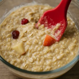 Miješanje smjese za kruh od zobenih pahuljica, banana i jabuka silikonskom lopaticom u staklenoj zdjeli.