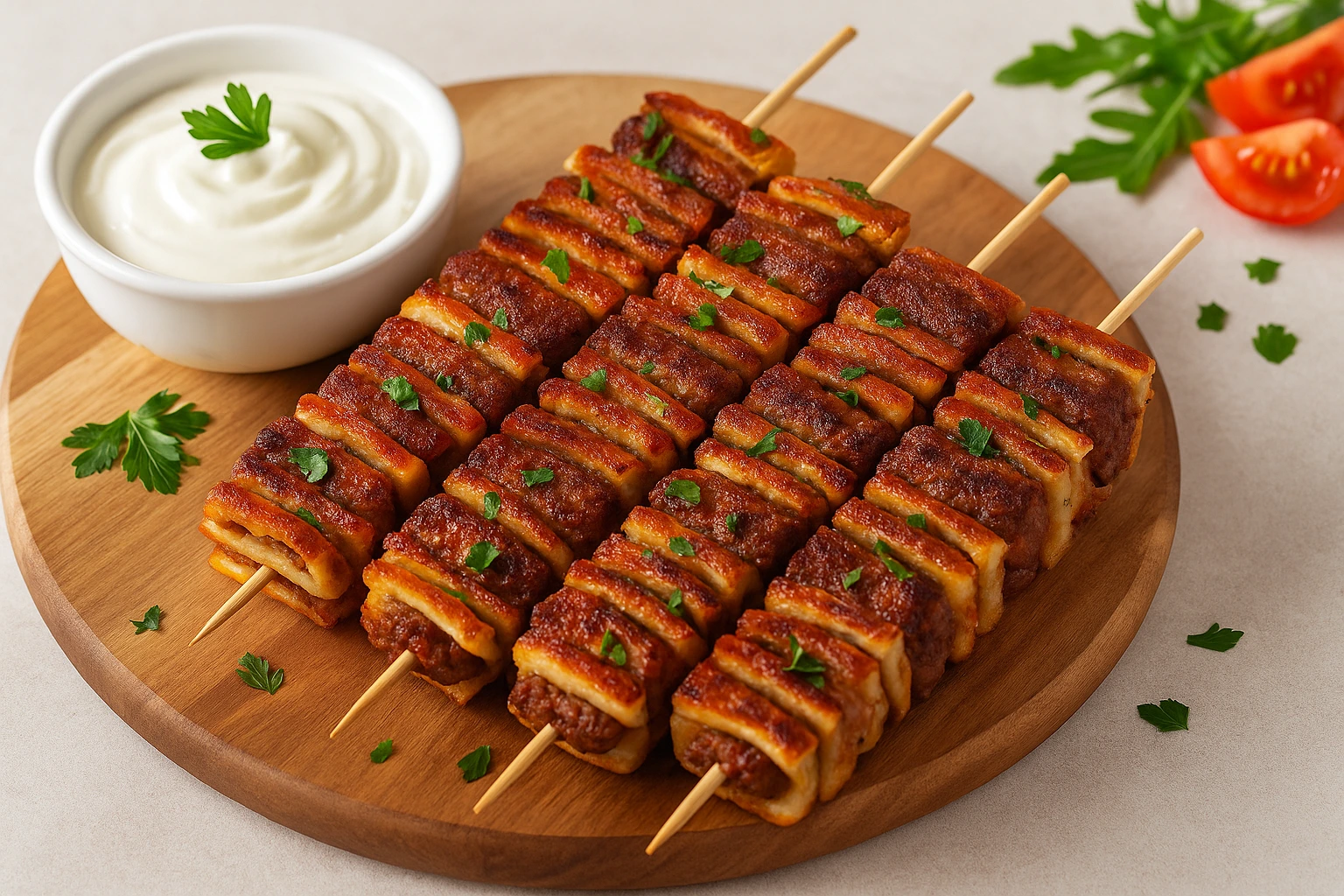 Tortilja kebab ražnjići posluženi na drvenoj dasci s jogurt umakom i svježim peršinom, zapečeni do zlatno-smeđe boje