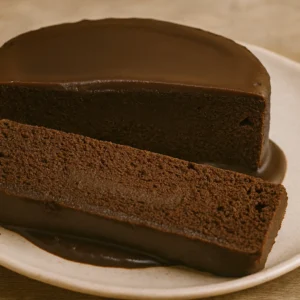 Gotova čokoladna torta za 5 minuta bez brašna i šećera – presek sa sočnim komadom ispred, prekrivena sjajnom čokoladnom glazurom.