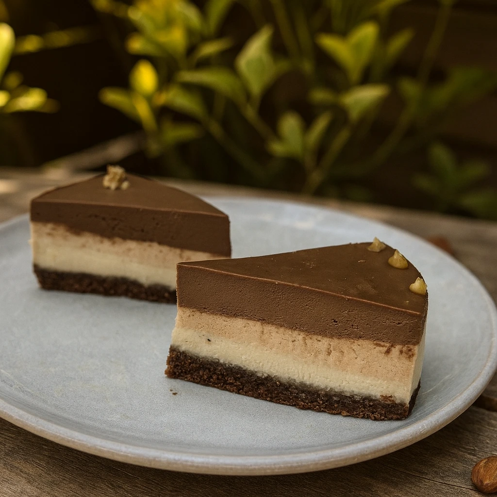 Dva komada sirove torte tri čokolade na keramičkom tanjiru, fotografisani u prirodnom ambijentu