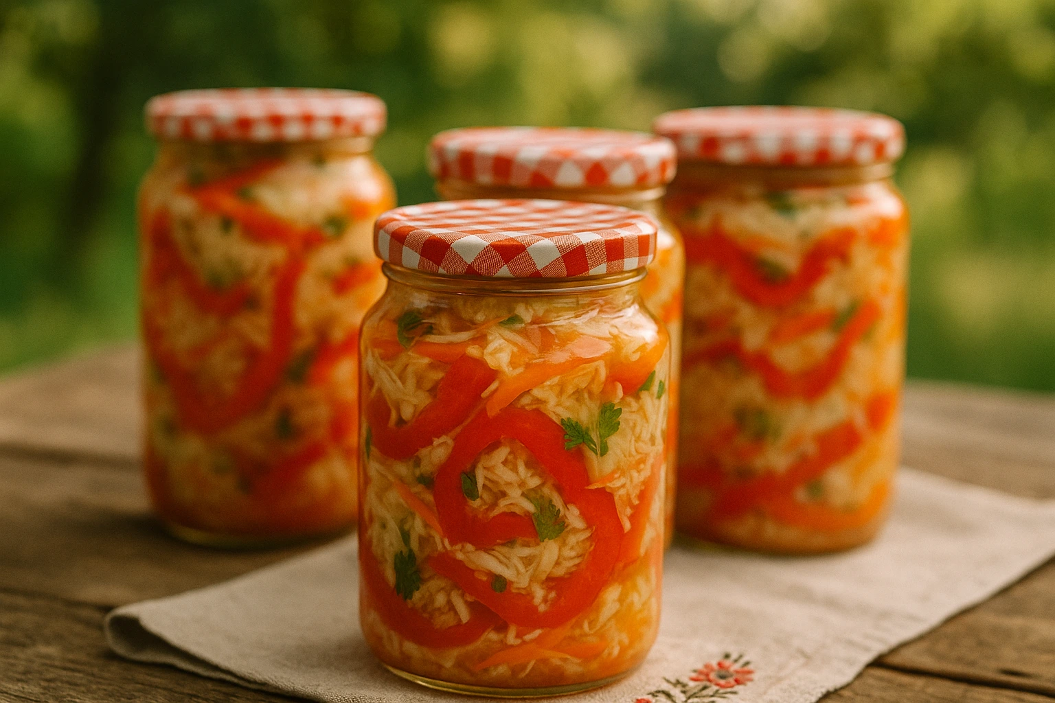 Jeftina šarena salata u teglama na rustikalnom stolu – featured image za recept zimnice.