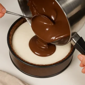Prelijevanje tamne čokolade preko kokos kreme za Bounty voćnu tortu