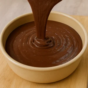 Priprema čokoladne torte bez brašna i šećera – sipanje smjese u posudu, korak po korak recept gotov za 5 minuta.