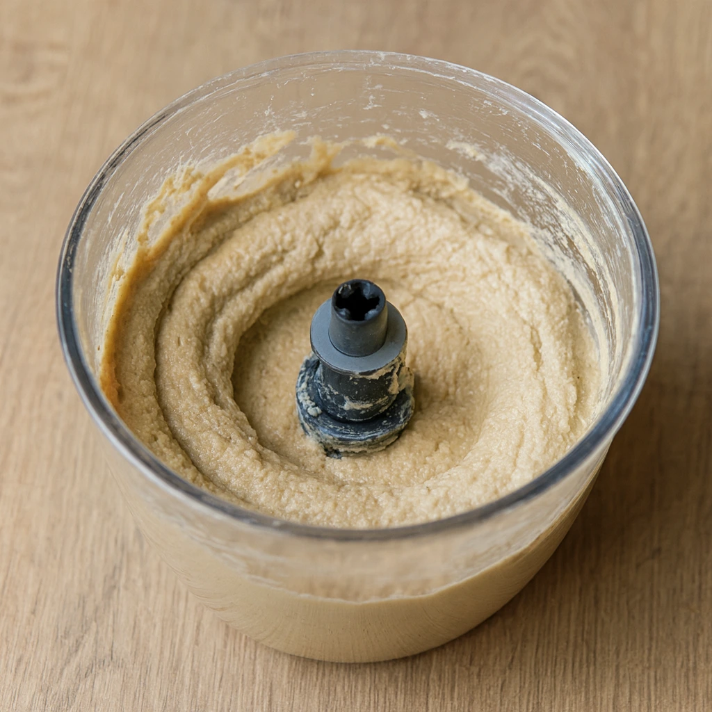 Svježe pripremljen humus u blenderu s vidljivom kremastom teksturom tijekom miješanja.
