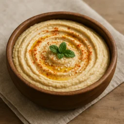 Kremasti humus poslužen u rustikalnoj drvenoj zdjeli, preliven maslinovim uljem i posut paprikom i sezamom.