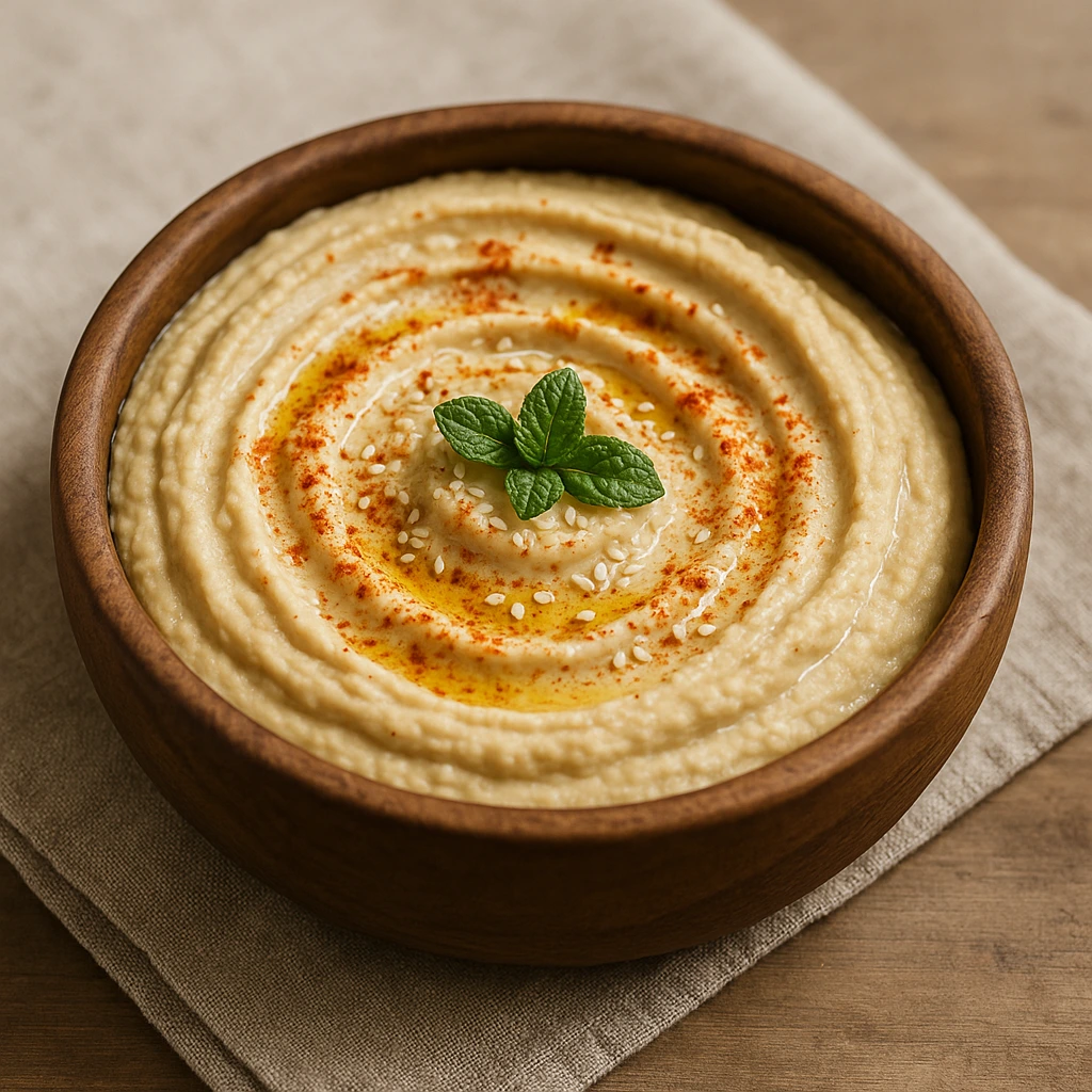 Kremasti humus poslužen u rustikalnoj drvenoj zdjeli, preliven maslinovim uljem i posut paprikom i sezamom.