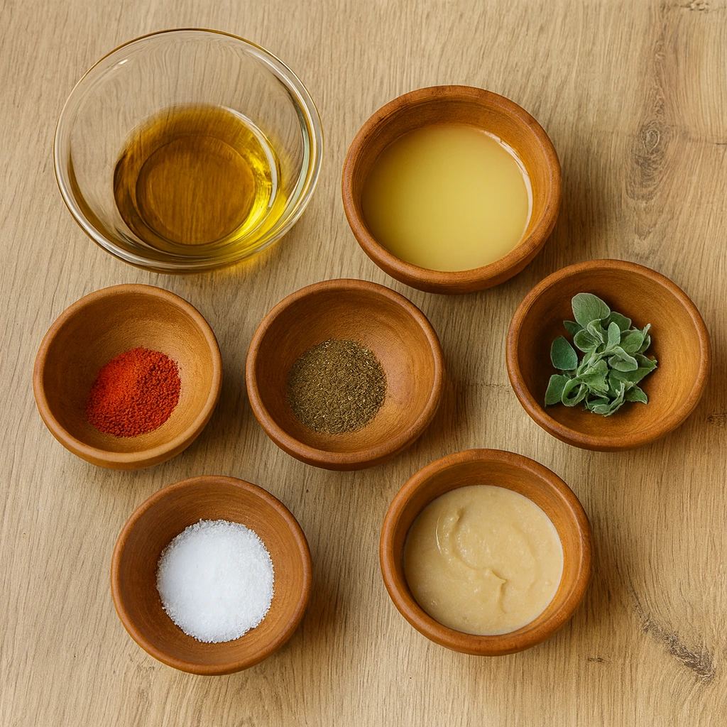 Sastojci za pripremu humusa raspoređeni u malim drvenim posudicama — tahini, limunov sok, maslinovo ulje, začini i slanutak.