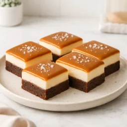 Slani karamel brownie poslužen na tanjuru s čokoladnom podlogom, mascarpone kremom i karamel preljevom posutim krupnom morskom soli