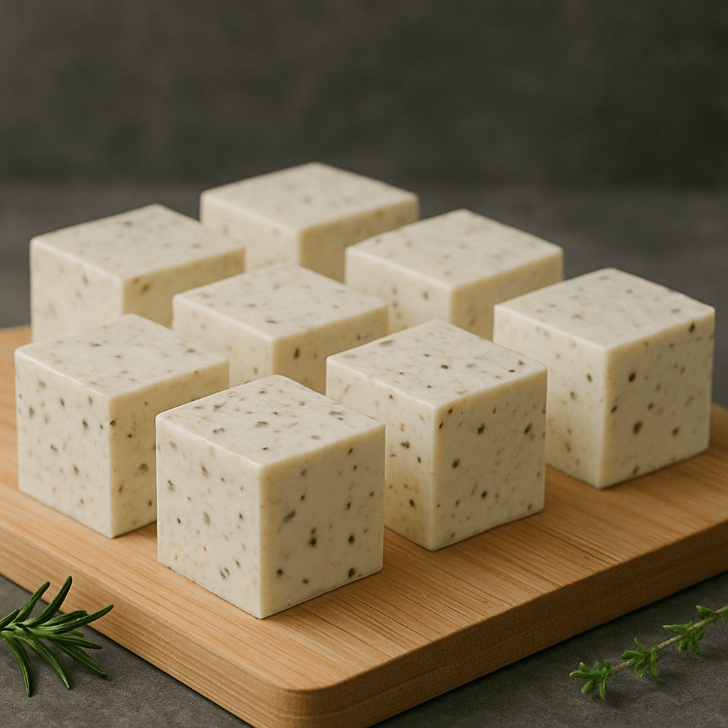 Kockice domaćeg feta sira s mediteranskim travama, posložene na drvenoj dasci s rustikalnom pozadinom.