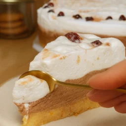 Kašika podiže dio pjenastog preliva s kriške torte sa slojem čokoladnog fila i biskvitnom podlogom, uz zamagljenu pozadinu kuhinje.