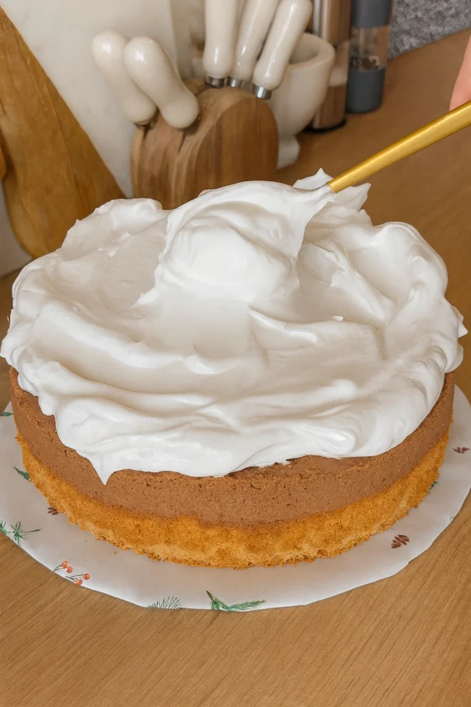 Zlatna špatula širi sloj bijelog pjenastog fila preko čokoladne torte na drvenoj radnoj ploči s kuhinjskim priborom u pozadini.
