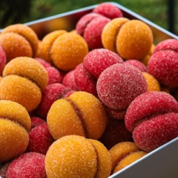 Breskvice recept – šarene domaće breskvice obložene kristalnim šećerom, složene u posudi i prikazane u krupnom planu.