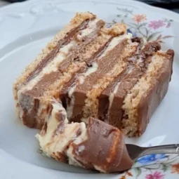 Komad Kinder Bueno torte s bijelim i čokoladnim kremom, poslužen na tanjuru