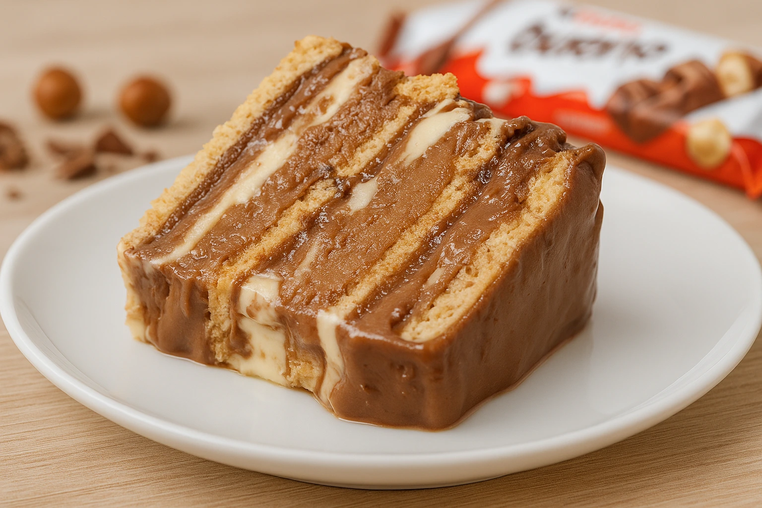 Kriška Kinder Bueno torte na tanjuru s kremastim slojevima čokolade i bijelog fila, uz Kinder čokoladice u pozadini