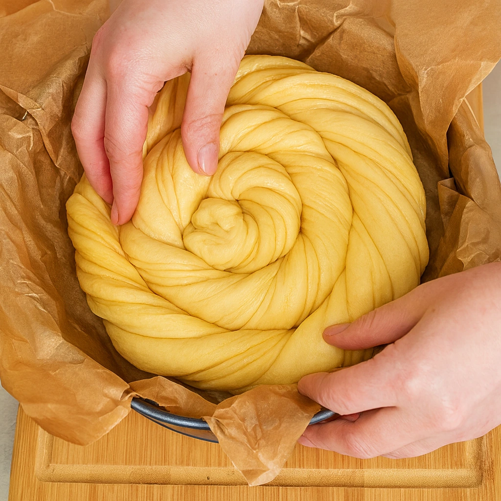 Oblikovanje spiralnog tijesta i slaganje u okrugli kalup obložen papirom za pečenje