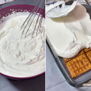 Umućena slatka pavlaka u zdjeli i nanošenje kreme žlicom preko sloja keksa u plehu