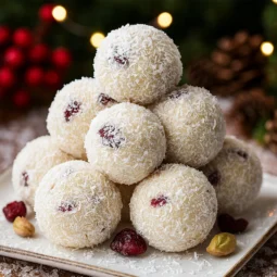 Raffaello kuglice posute kokosom na blagdanskom tanjiru – detaljan izgled domaćih kuglica s brusnicama, snimljeno za raffaello kuglice recept.