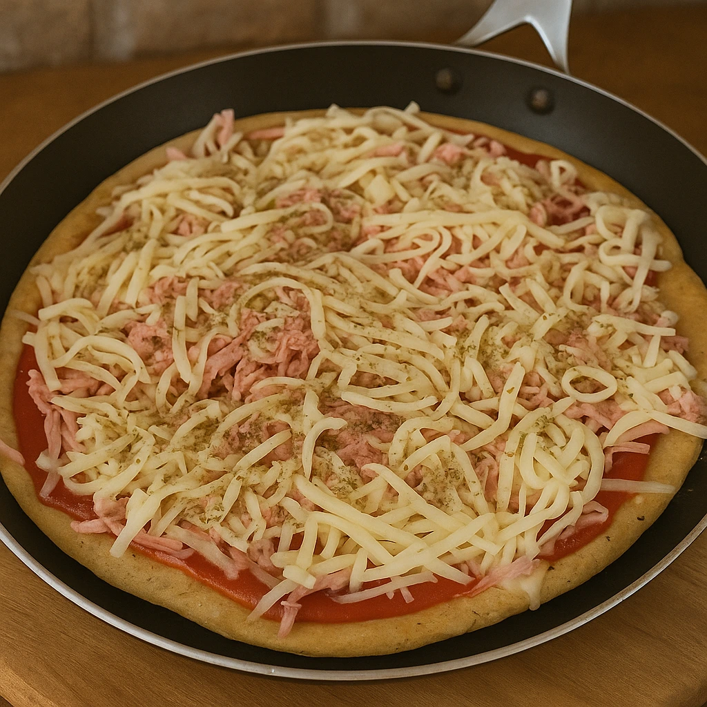 Nepečena zdrava dijetalna pizza bez brašna u tavi, premazana paradajz sosom i posuta naribanim sirom, salamom i origanom, spremna za pečenje.