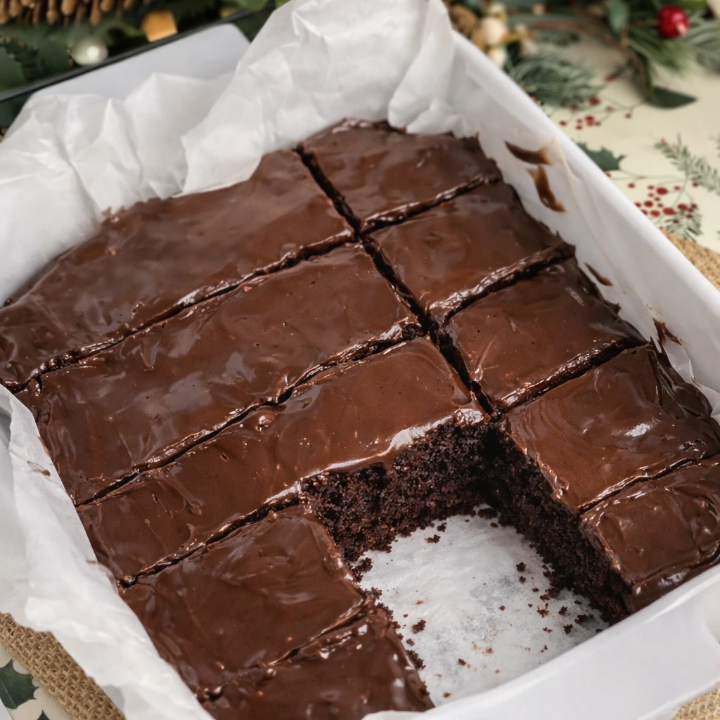 Čoko kolač bez brašna i šećera narezan na jednake kocke u plehu