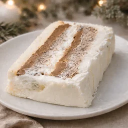 Komad kolača s ravnim slojevima bijele kreme i čokoladnog fila na bijelom tanjuru