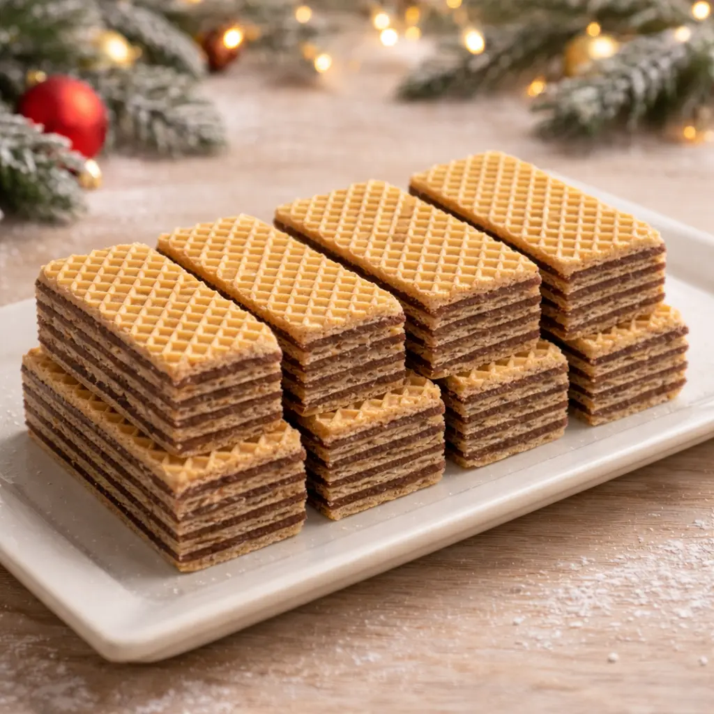 Slojevite oblanda kocke s čokoladnim filom, pravilno rezane i posložene