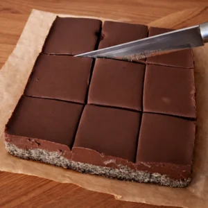 Mak plazma kocke uredno izrezane na kvadrate s ravnomjernim čokoladnim slojem
