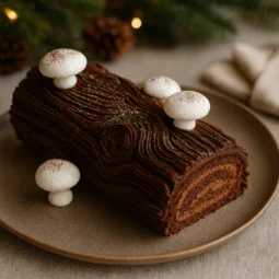 Božićni panj od čokolade s izraženom teksturom kore, biskvitnim rolatom i meringue gljivama, poslužen u blagdanskom ambijentu