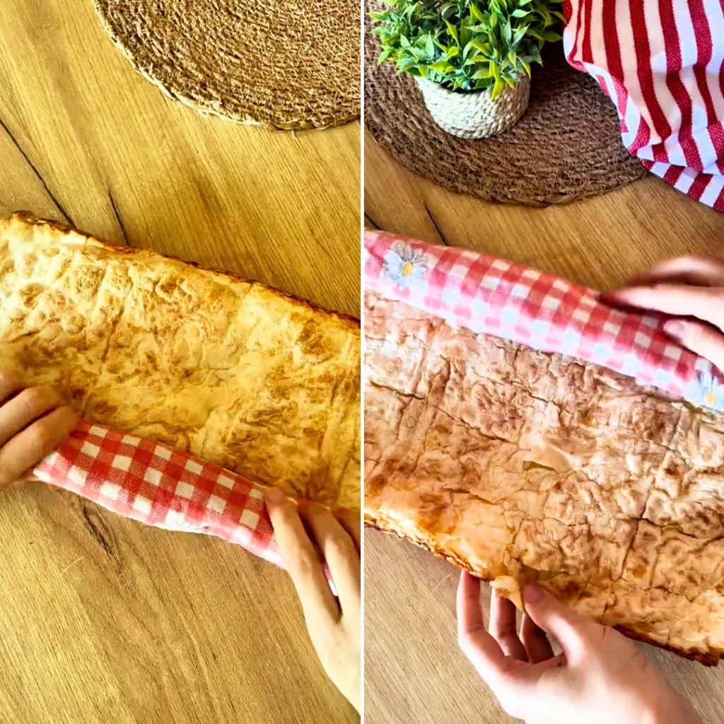 Uvijanje pečene kore za pitu u vlažnu kuhinjsku krpu kako bi se ohladila i lakše savila