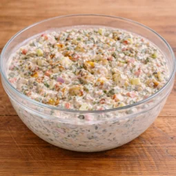 Hrskava salata od krumpira u staklenoj zdjeli, kremasto povezana s jogurt dresingom, svježim povrćem i pečenim krumpirom