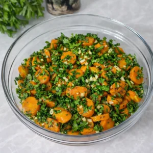 Izmiješana salata od narezane mrkve s peršinom, češnjakom i začinima u staklenoj zdjeli, završni korak pripreme